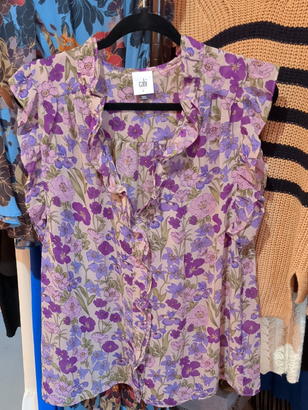 CAbi Lavender Floral Ruffle Sleeveless Blouse